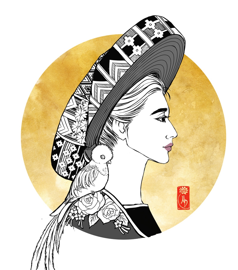 Ink Drawing of a girl wearing a Tocoyal by Nancy Duong